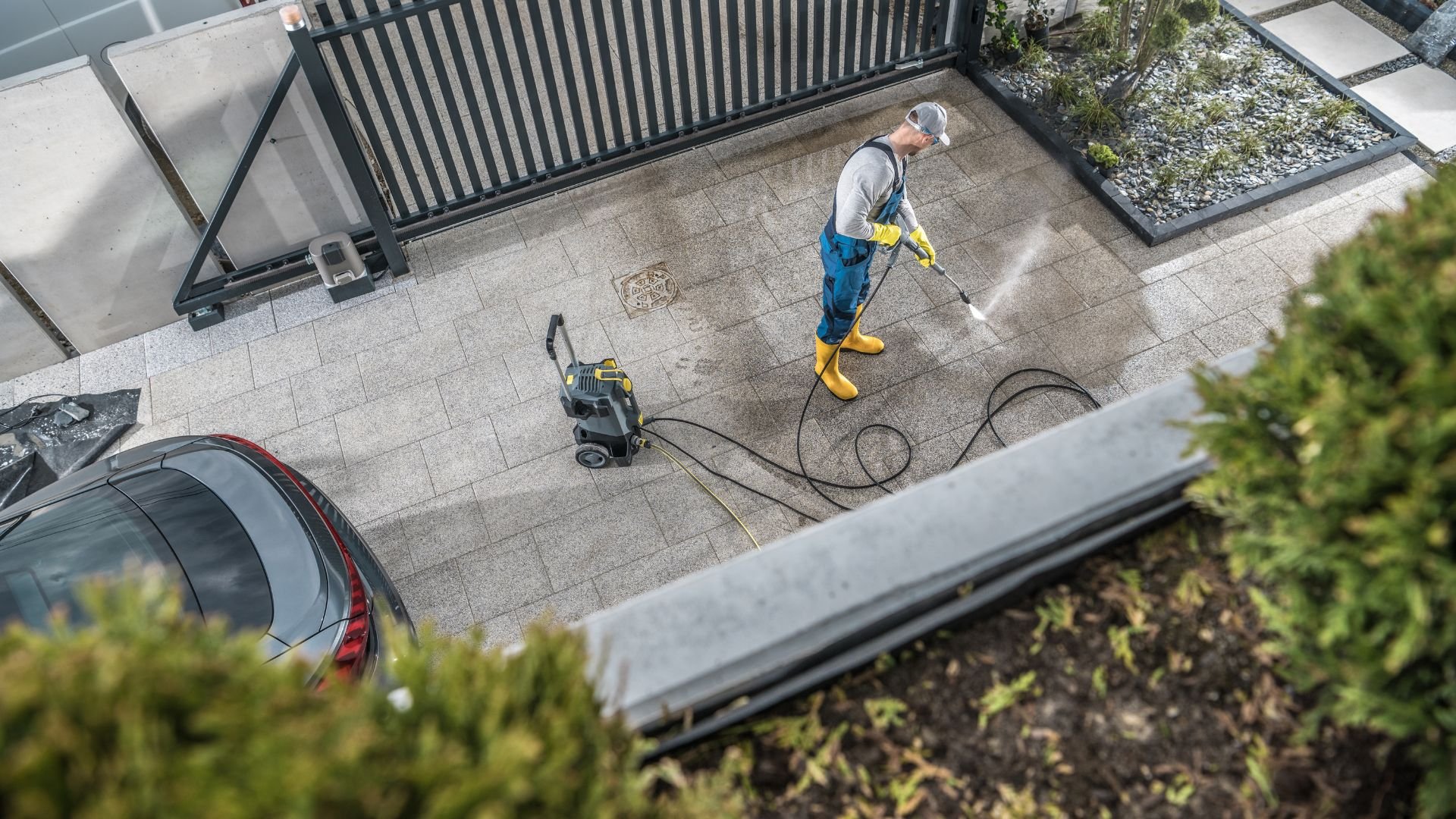 Person using pressure washer to clean outdoor patio near parked car