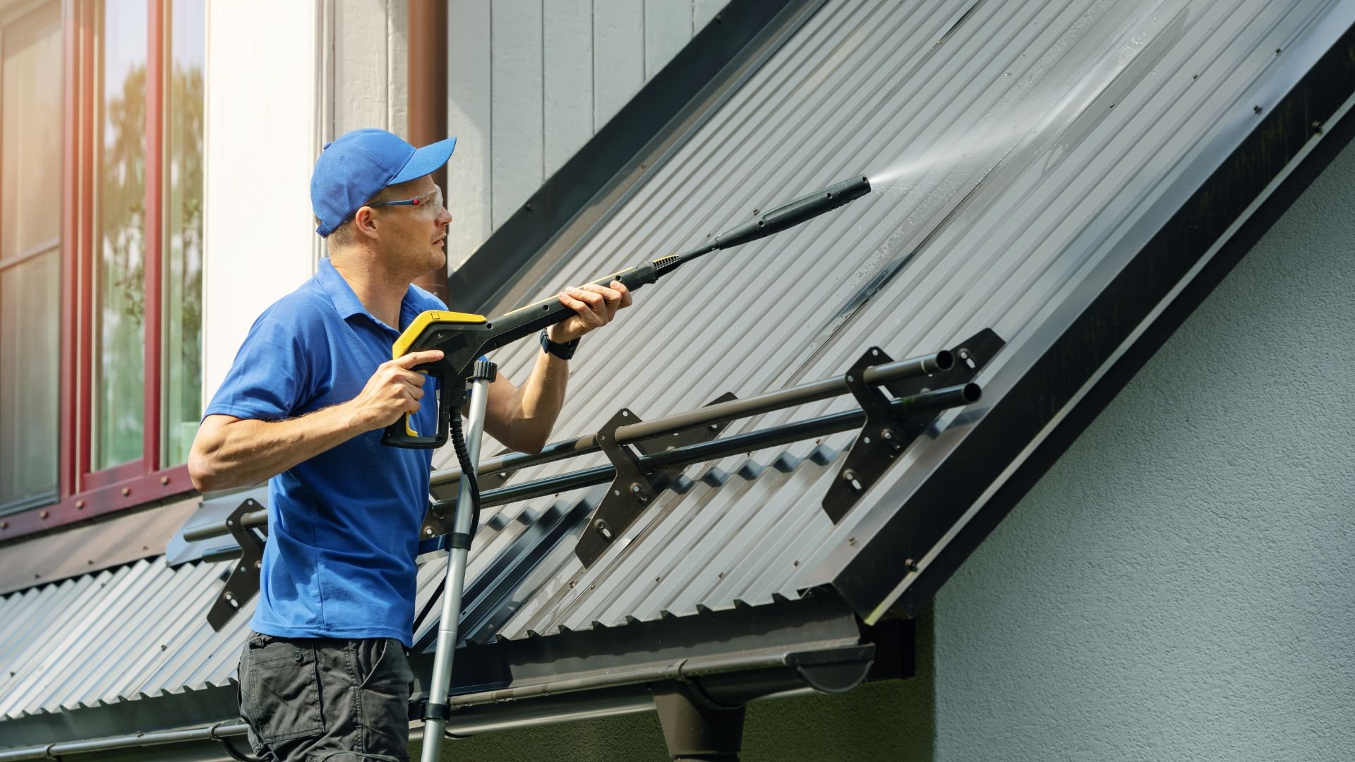 Worker in blue uses pressure washer to clean exterior solar panels