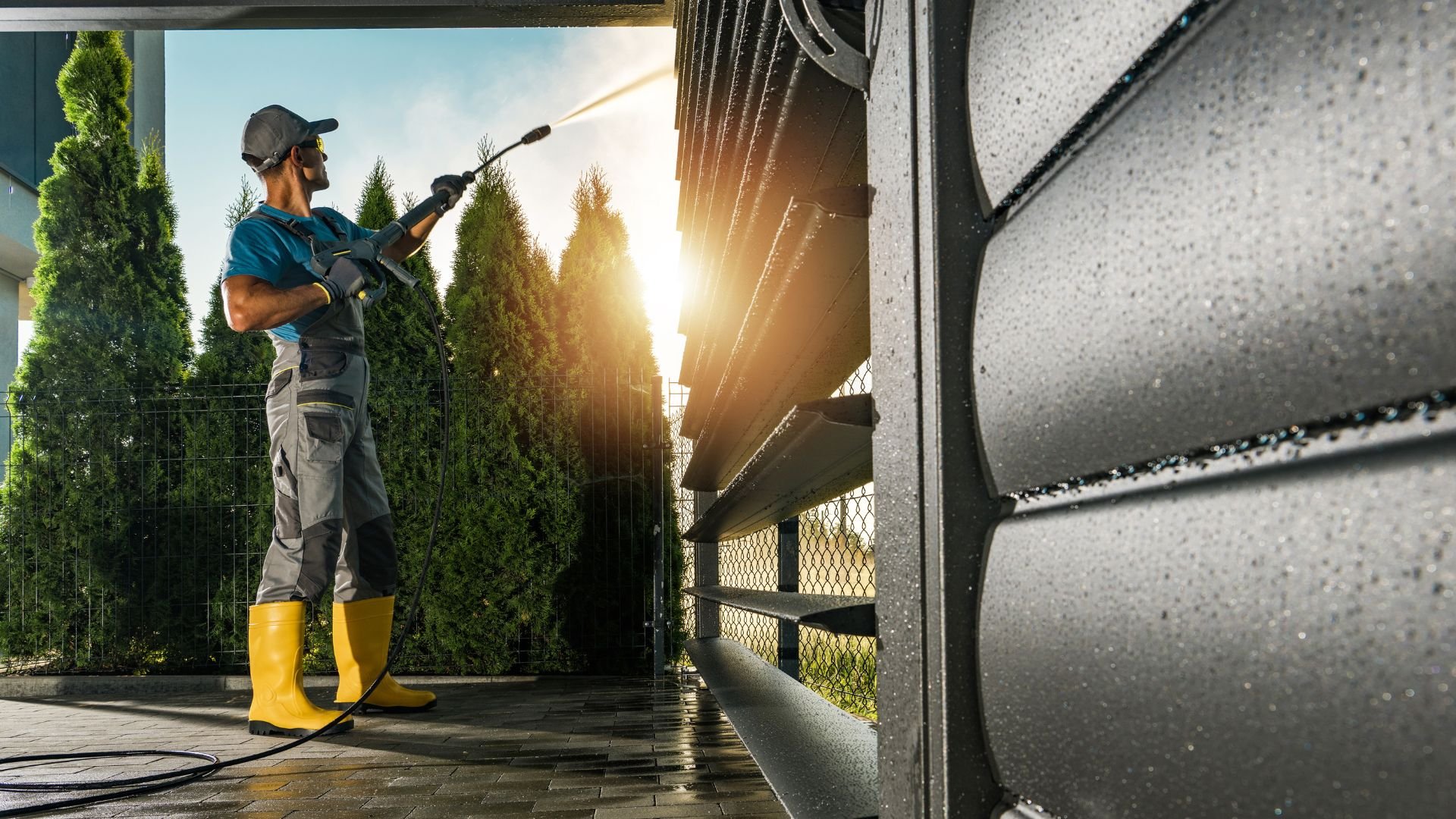 Worker using pressure washer near evergreen trees at sunset