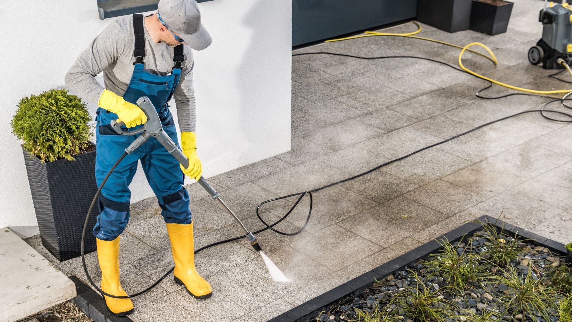 Worker in blue overalls pressure washing outdoor stone tile patio